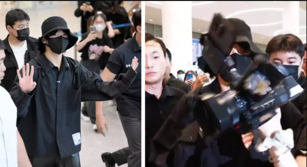 Jungkook của BTS suýt chút nữa bị máy quay đập vào mắt khi ca sĩ bị đám đông vây quanh tại sân bay.